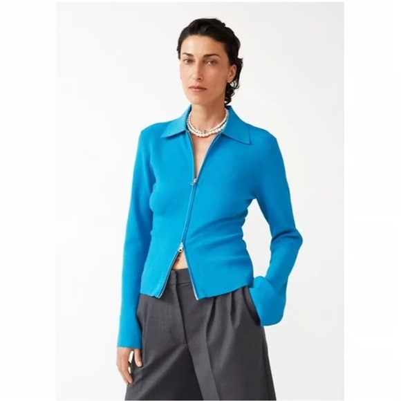 & Other Stories Sweaters - Y2K ANTHROPOLOGY & OTHER STORIES blue bell sleeve zip stretch woman cardigan MED
